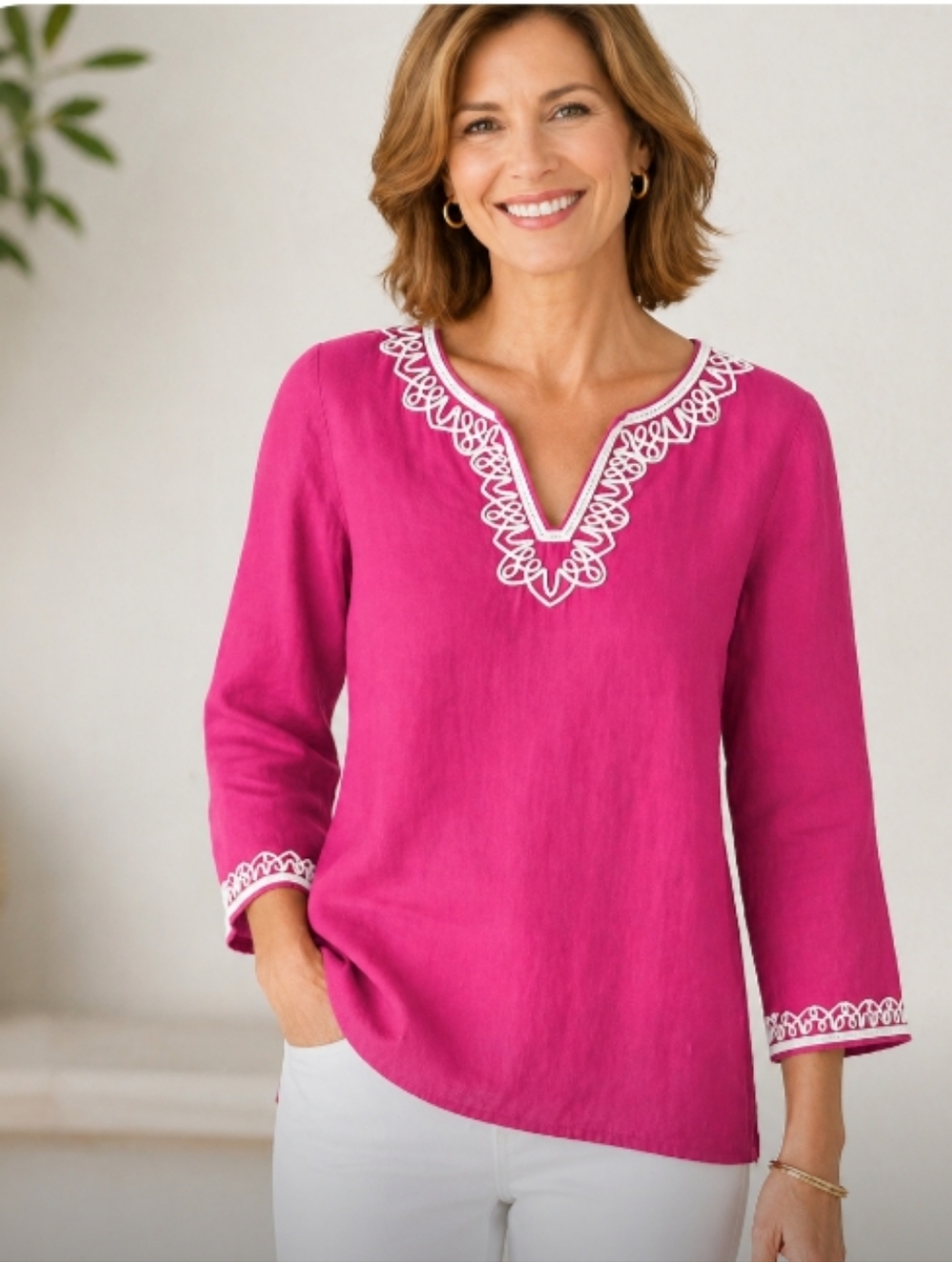 Talbots Bright Pink Embroidered V-Neck Tunic